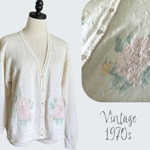 vintage cottagecore cardigan needlepoint floral ramie cotton size large